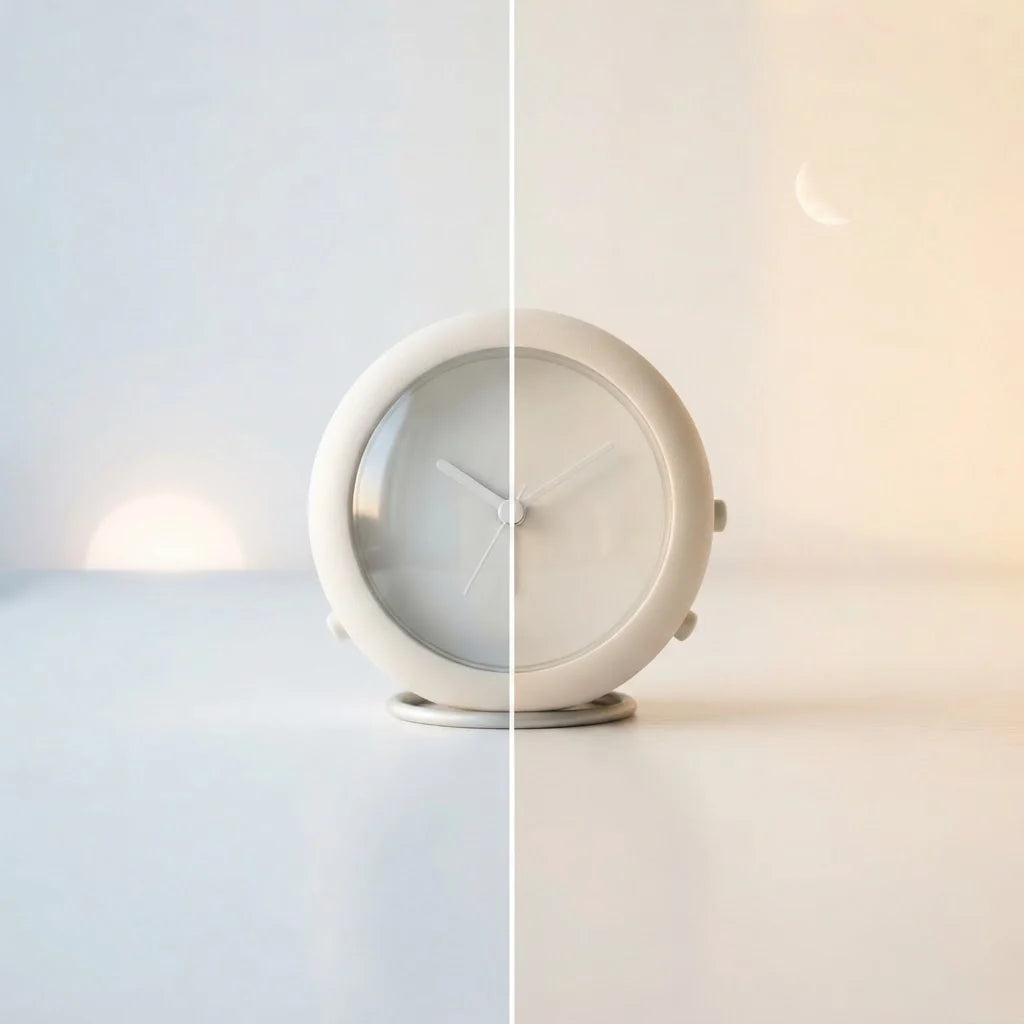 Réveil blanc entre une ambiance de lever et de coucher de soleil, illustrant le choix entre bain du matin ou du soir pour bébé