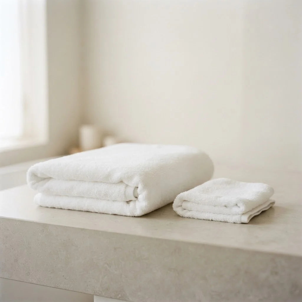 Serviette et gant de toilette blancs pliés, illustrant les bons réflexes d'hygiène après un accident de bébé dans le bain