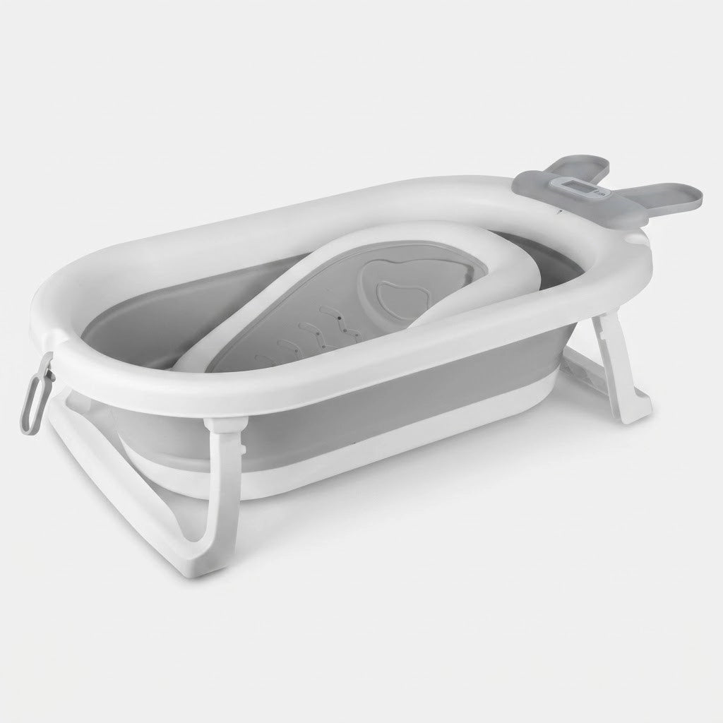 Baignoire Bébé Pliable Bouchon Thermosensible et Support Pommeau - Lapin Gris