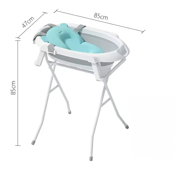 Schéma des dimensions de la baignoire bébé pliable Luna avec support monté
