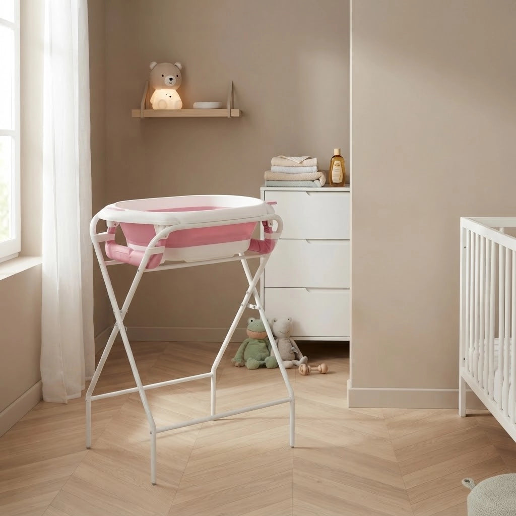 Baignoire Bébé Pliable avec Thermomètre Intégré et Coussin Flottant - Nuage Rose
