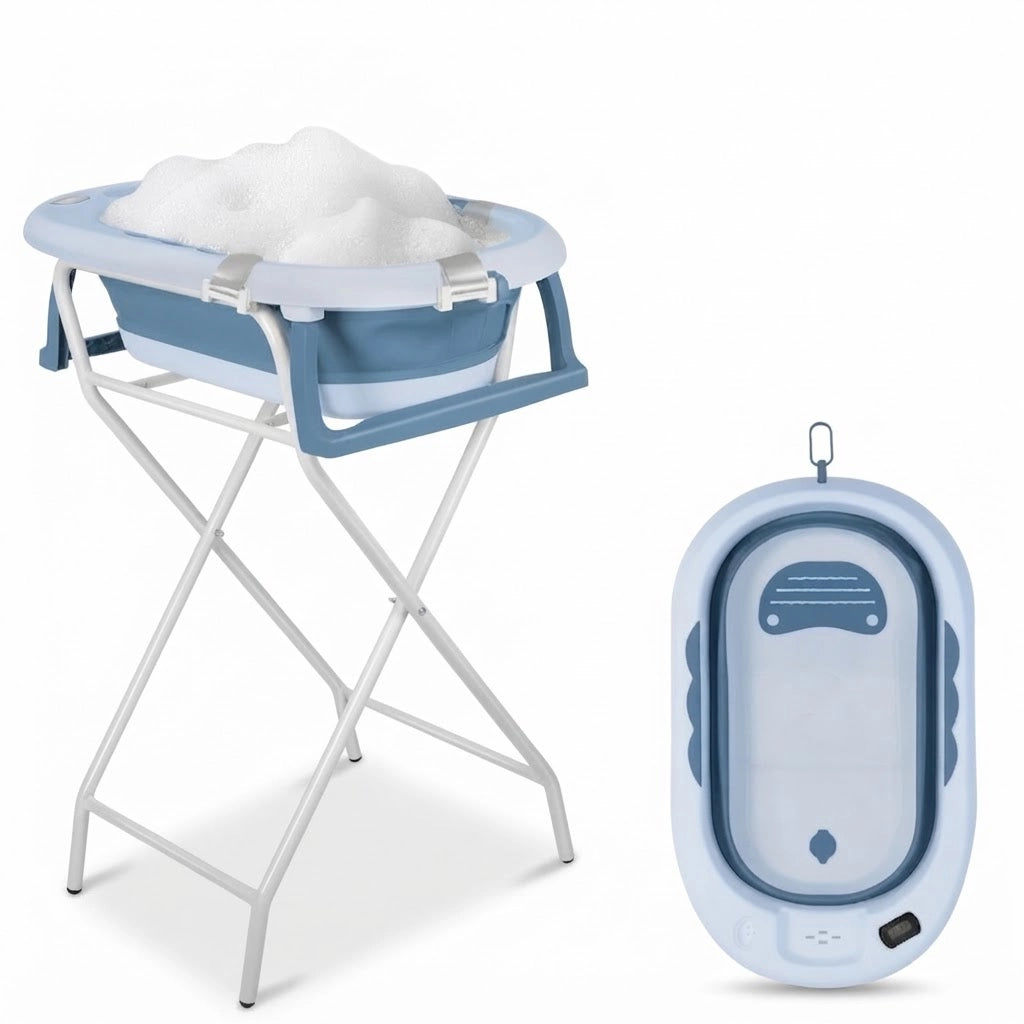 Baignoire Bébé Pliable avec Thermomètre LCD et Compartiment de Rangement - Cocoon Bleu