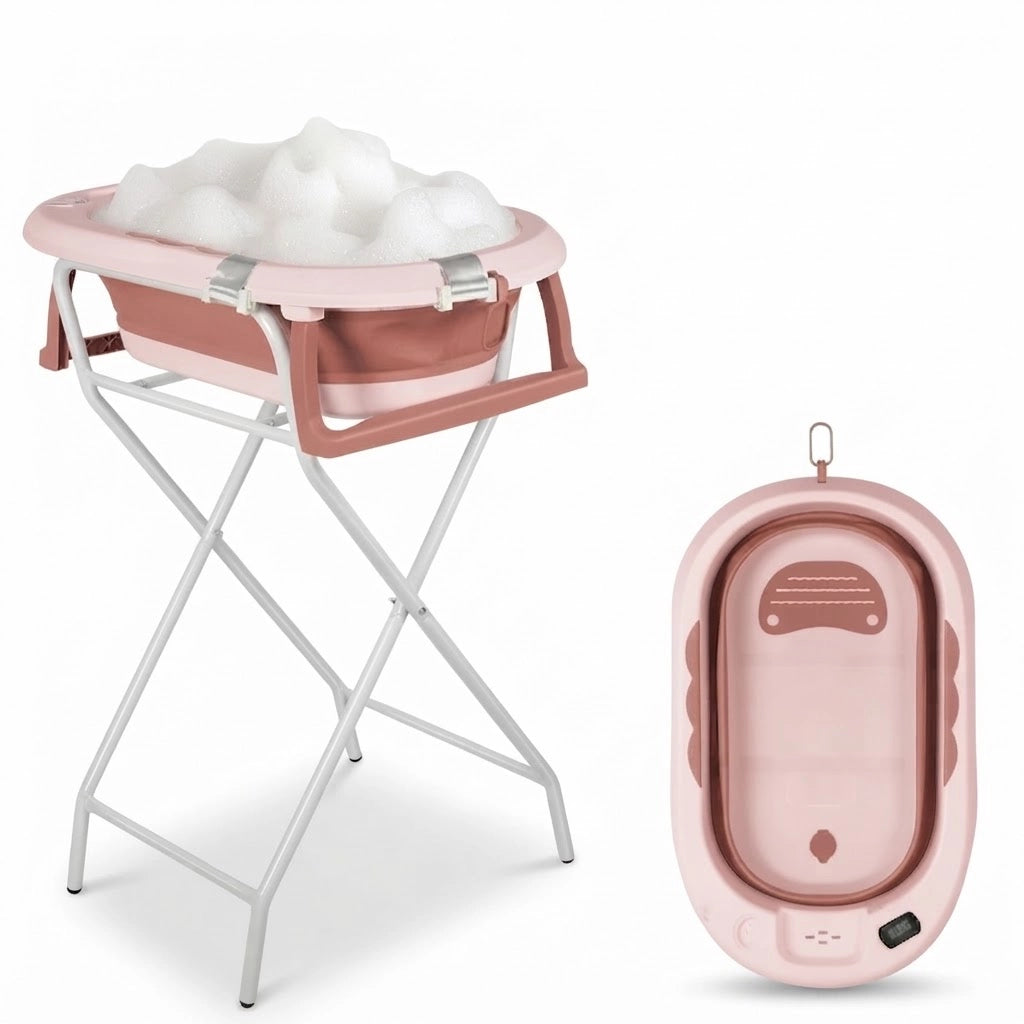 Baignoire Bébé Pliable avec Thermomètre LCD et Compartiment de Rangement - Cocoon Rose