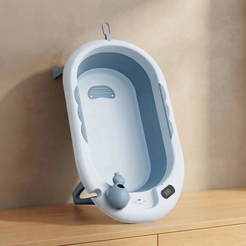 Baignoire Bébé Pliable avec Thermomètre LCD et Compartiment de Rangement - Cocoon Bleu