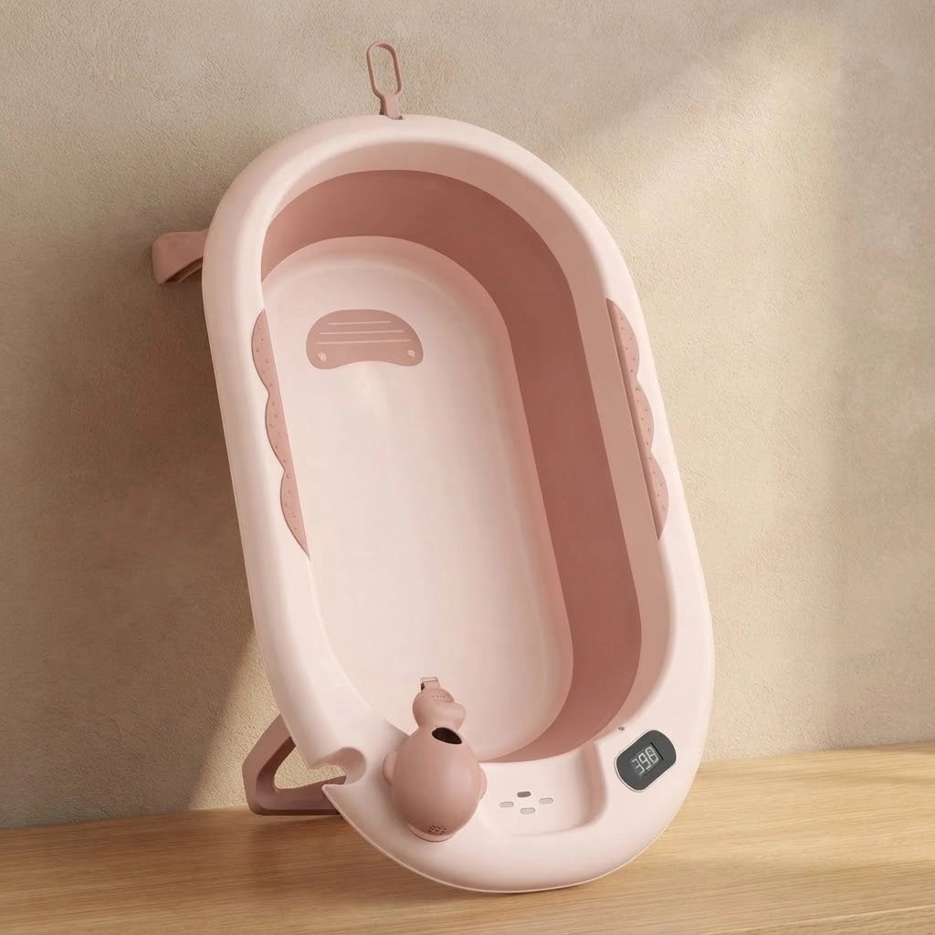 Baignoire Bébé Pliable avec Thermomètre LCD et Compartiment de Rangement - Cocoon Rose