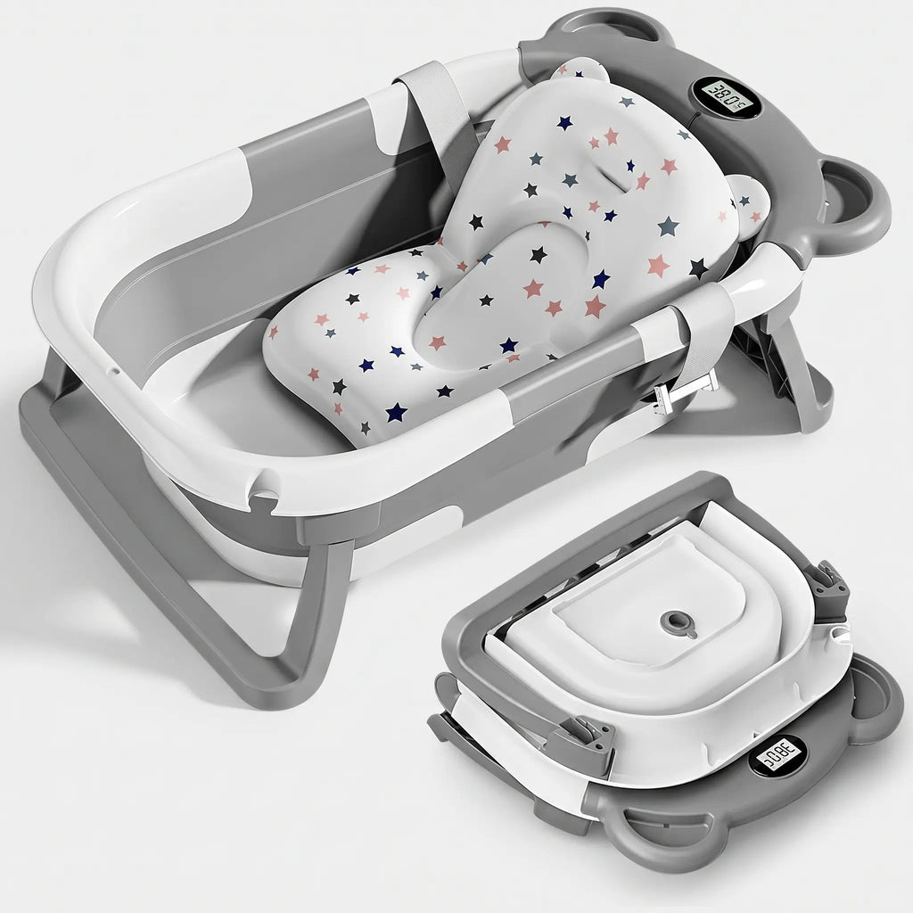 Baignoire Bébé Pliable Ultra-Légère avec Thermomètre Temps Réel - WAVI Gris