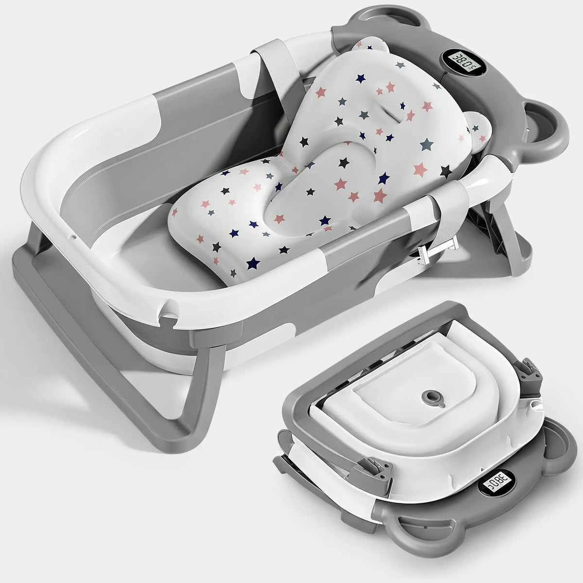 Baignoire Bébé Pliable Ultra-Légère avec Thermomètre Temps Réel - WAVI Gris