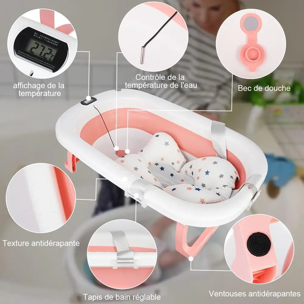 Baignoire Bébé Pliable Sécurisée Double Appui avec Crochet - Iris Rose
