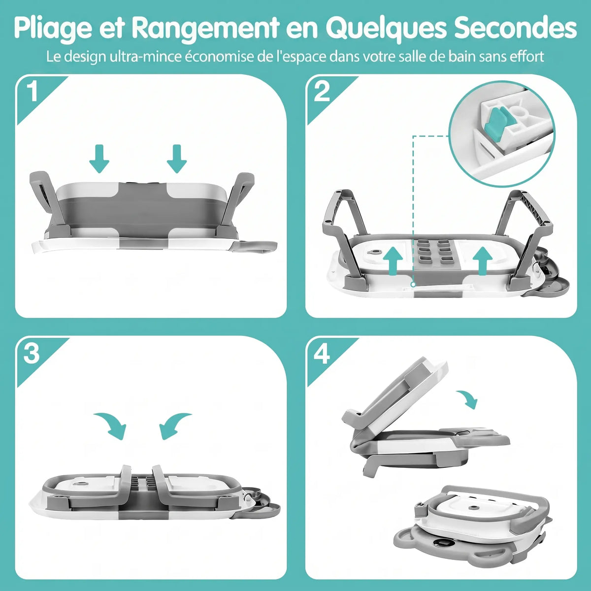 Baignoire Bébé Pliable Ultra-Légère avec Thermomètre Temps Réel - WAVI Gris