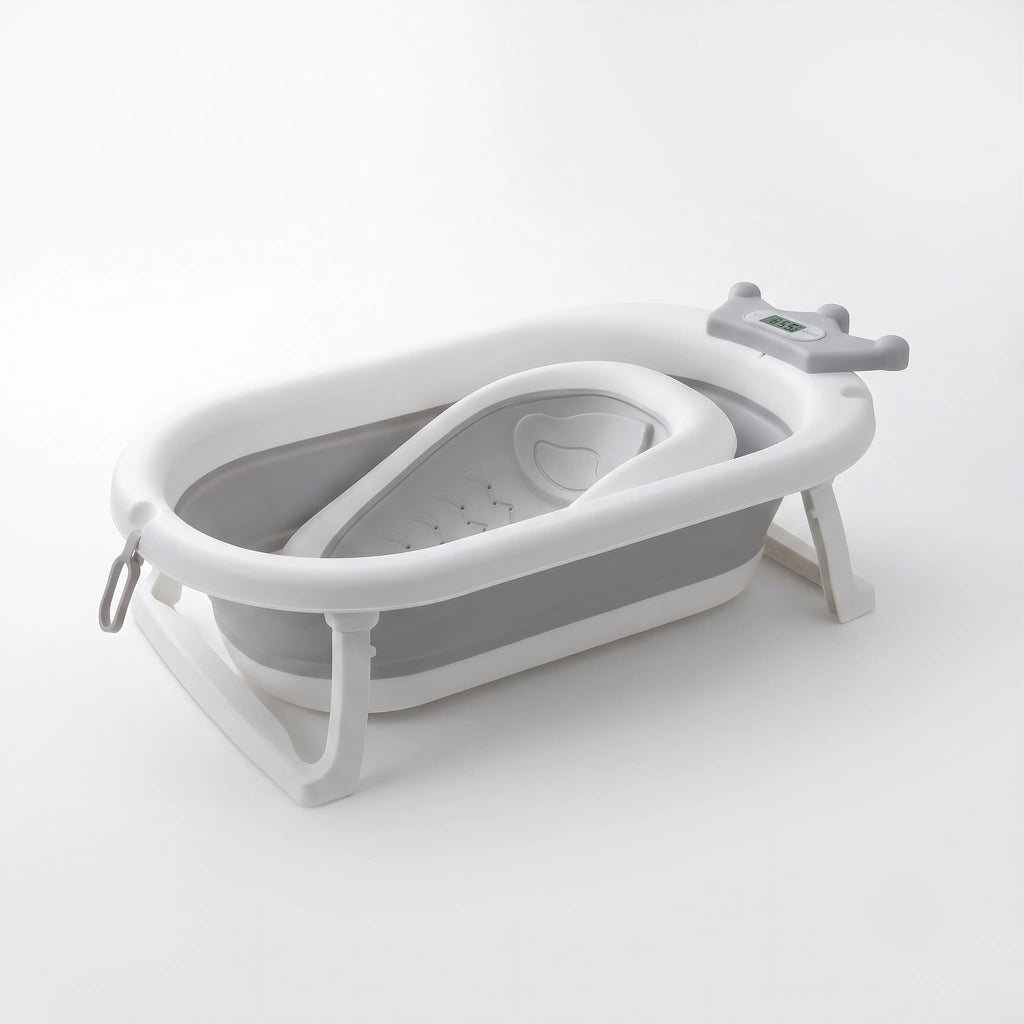Baignoire Bébé Pliable Bouchon Thermosensible et Support Pommeau - Couronne Gris