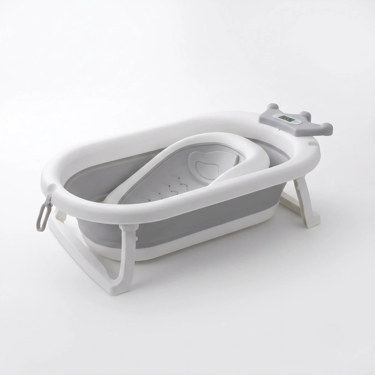 Baignoire Bébé Pliable Bouchon Thermosensible et Support Pommeau - Couronne Gris