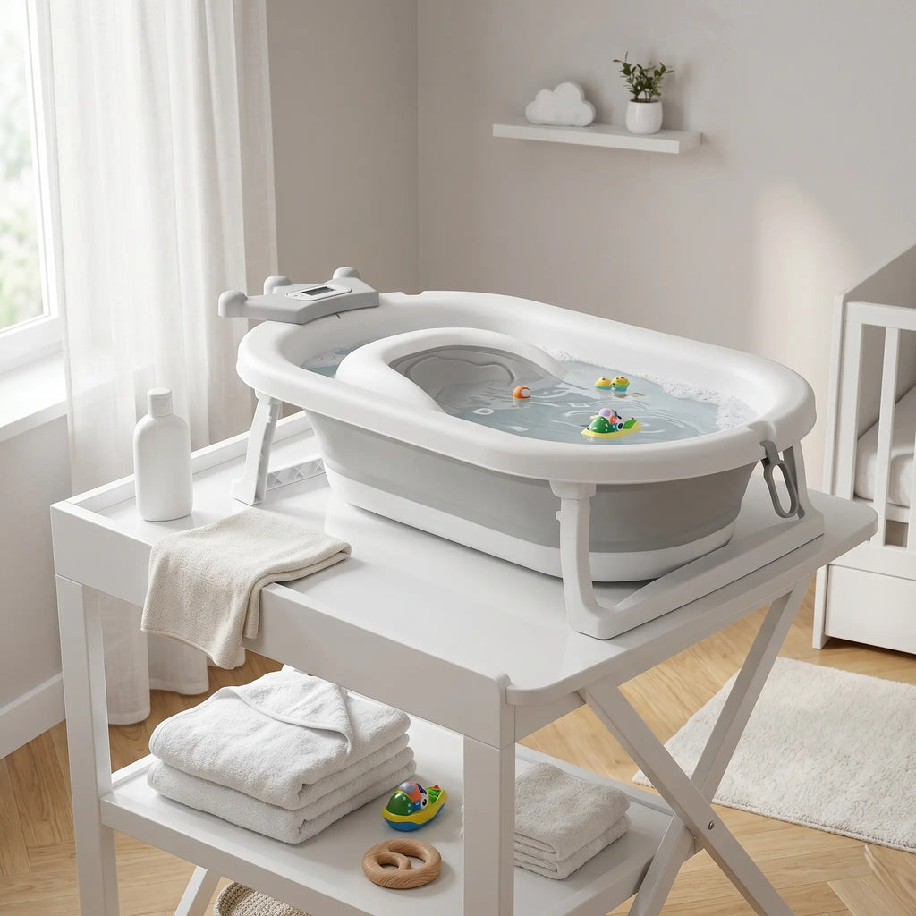 Baignoire Bébé Pliable Bouchon Thermosensible et Support Pommeau - Couronne Gris