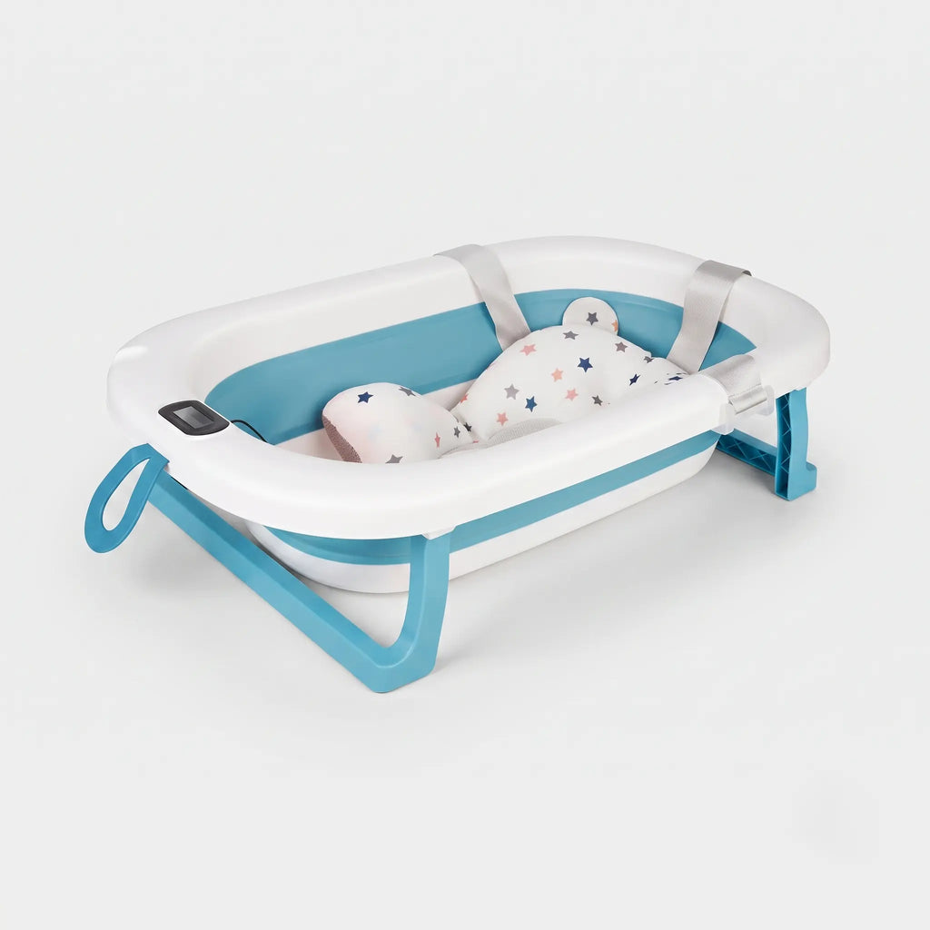 Baignoire Bébé Pliable Sécurisée Double Appui avec Crochet - Iris Bleu