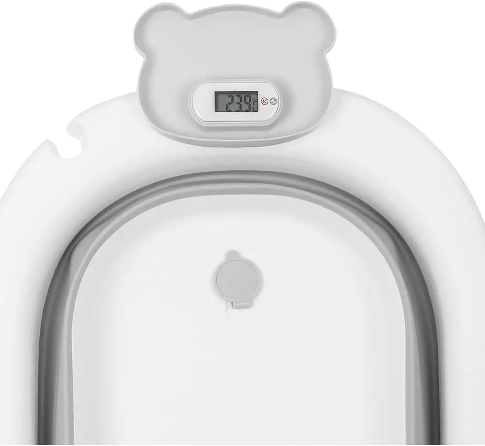 Baignoire Bébé Pliable Bouchon Thermosensible et Support Pommeau - Ourson Gris