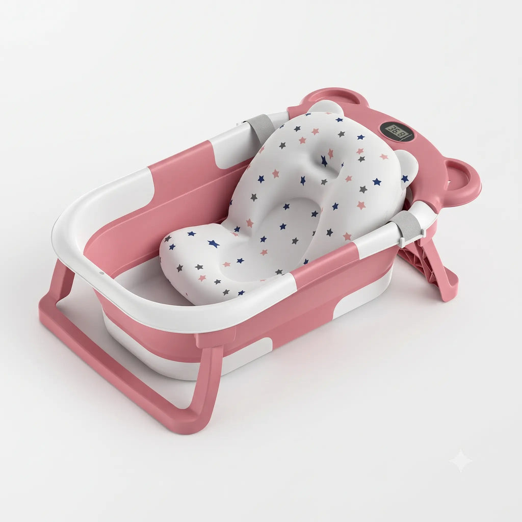 Baignoire Bébé Pliable Ultra-Légère avec Thermomètre Temps Réel - WAVI Rose