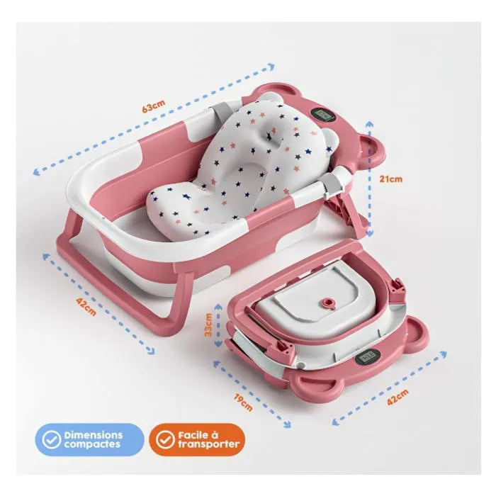 Baignoire Bébé Pliable Ultra-Légère avec Thermomètre Temps Réel - WAVI Rose